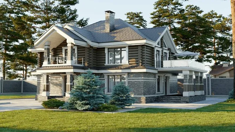 Комбинированный дом из камня и оцилиндрованного бревна