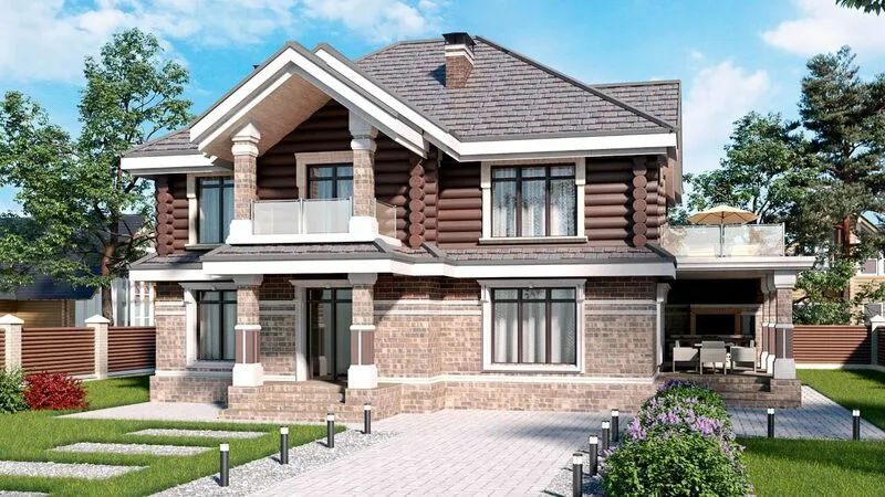 Комбинированный дом из камня и оцилиндрованного бревна